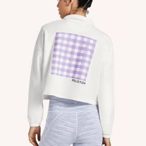 Peloton Polo Sweatshirt Pullover in White with Checkered Graphic Back - Picture 1 of 7